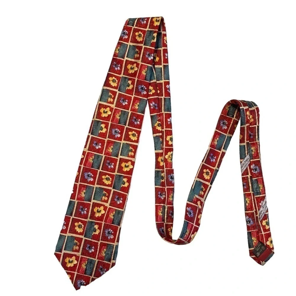 Ermenegildo Zegna Tie Red and Yellow Silk Floral 4” Wide